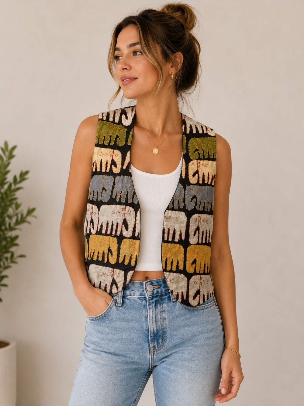 VTG Casual Studio Elephant Vest M Safari Savanna Boho 100% Cotton India 90s